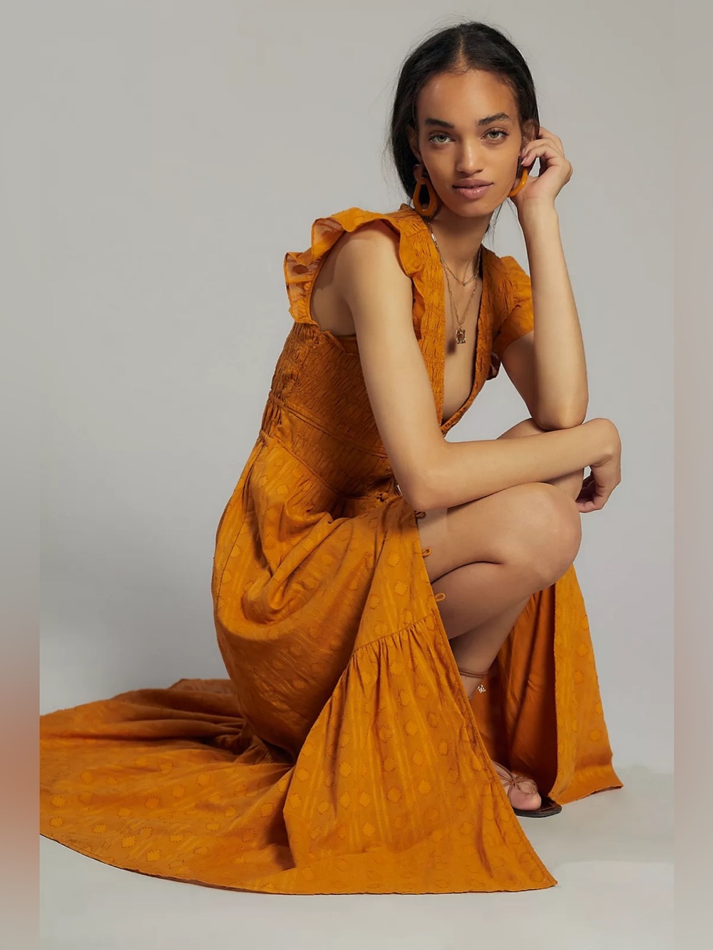 Anthropologie Peregrine Smocked Midi Dress Marigold Size S
